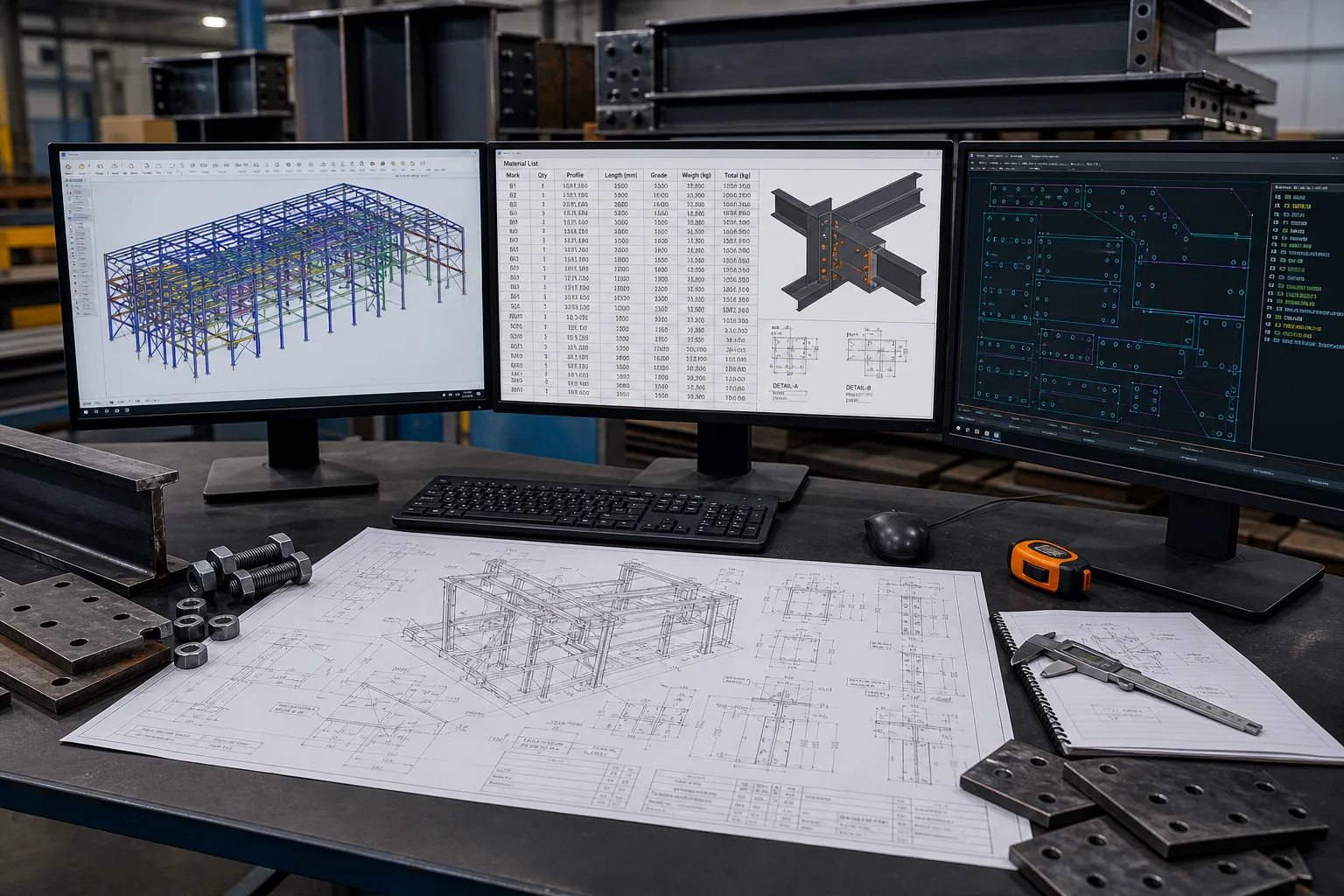 Steel detailing workstation with 3D model reports and CNC layout
